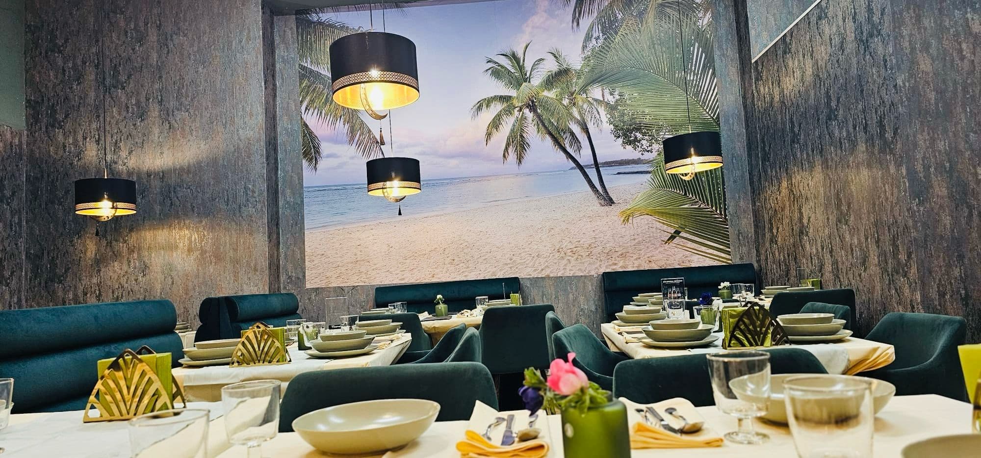 Beach mural and crescent moon lamps