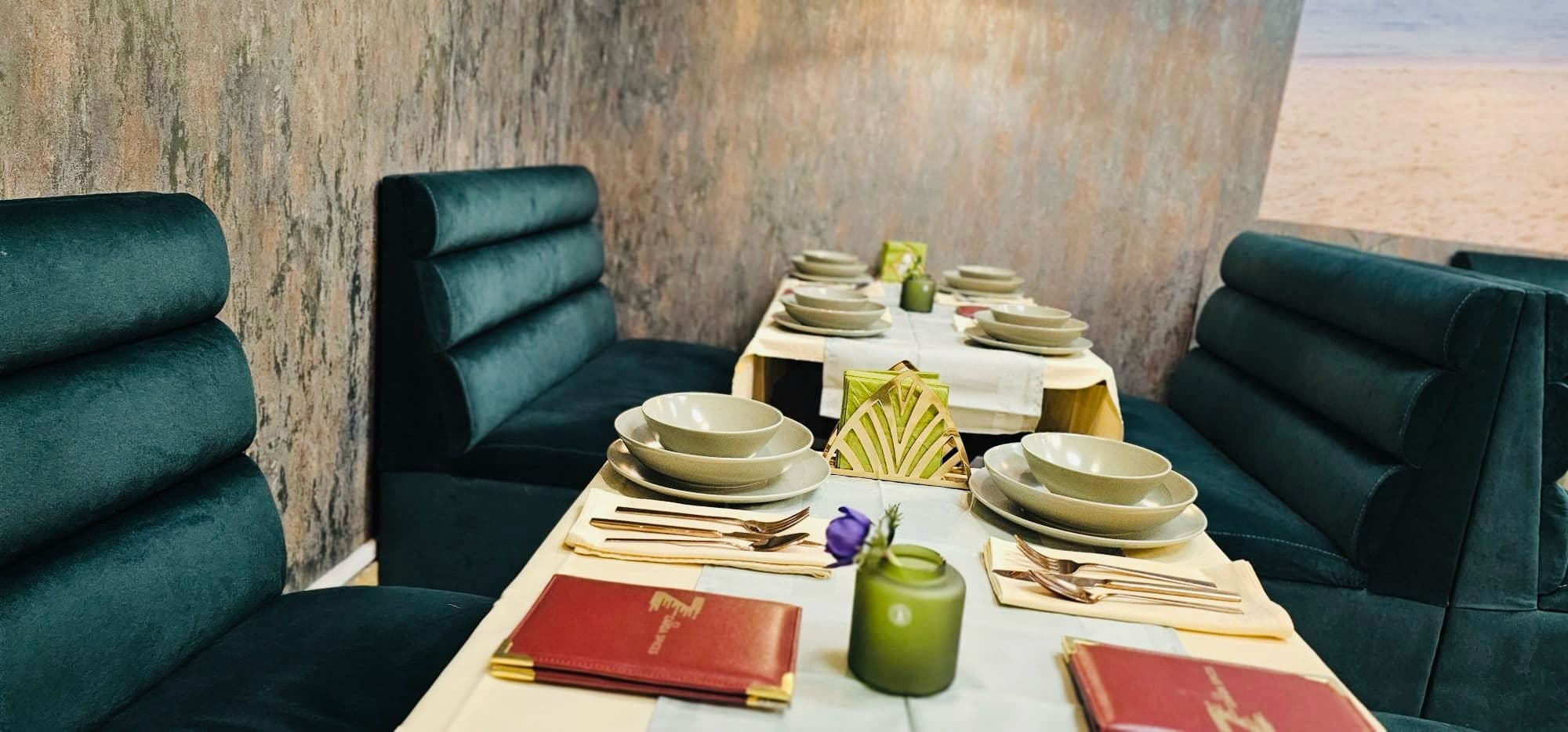 Close-up of booth with menu holders